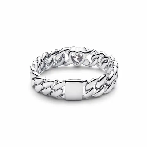 Heart cuban chain sterling silver ring with clear cubic zirconia/ 194386C01-56