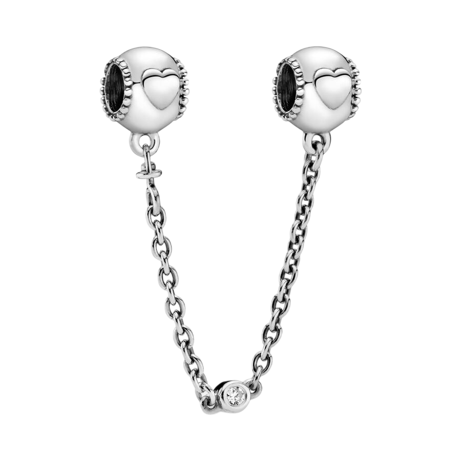 Hearts silver safety chain with clear cubic zircon