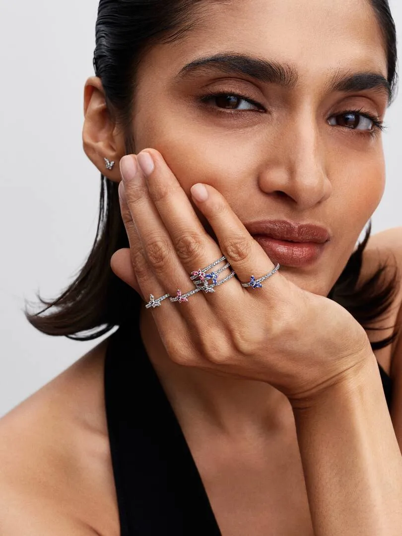 Butterfly sterling silver ring with fancy pink and clear cubic zirconia/194269C02-58