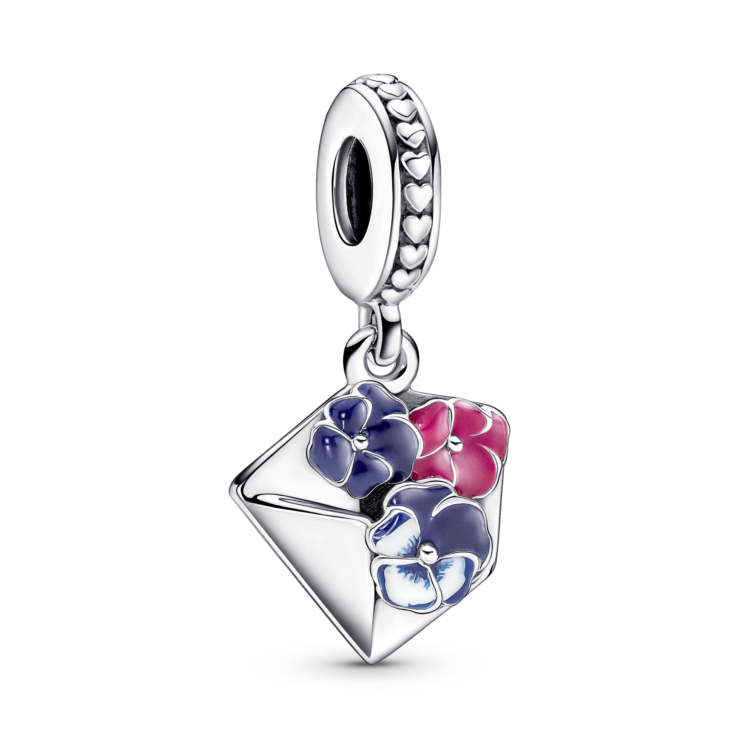 Pansy letter sterling silver dangle with pink, blue and white enamel
