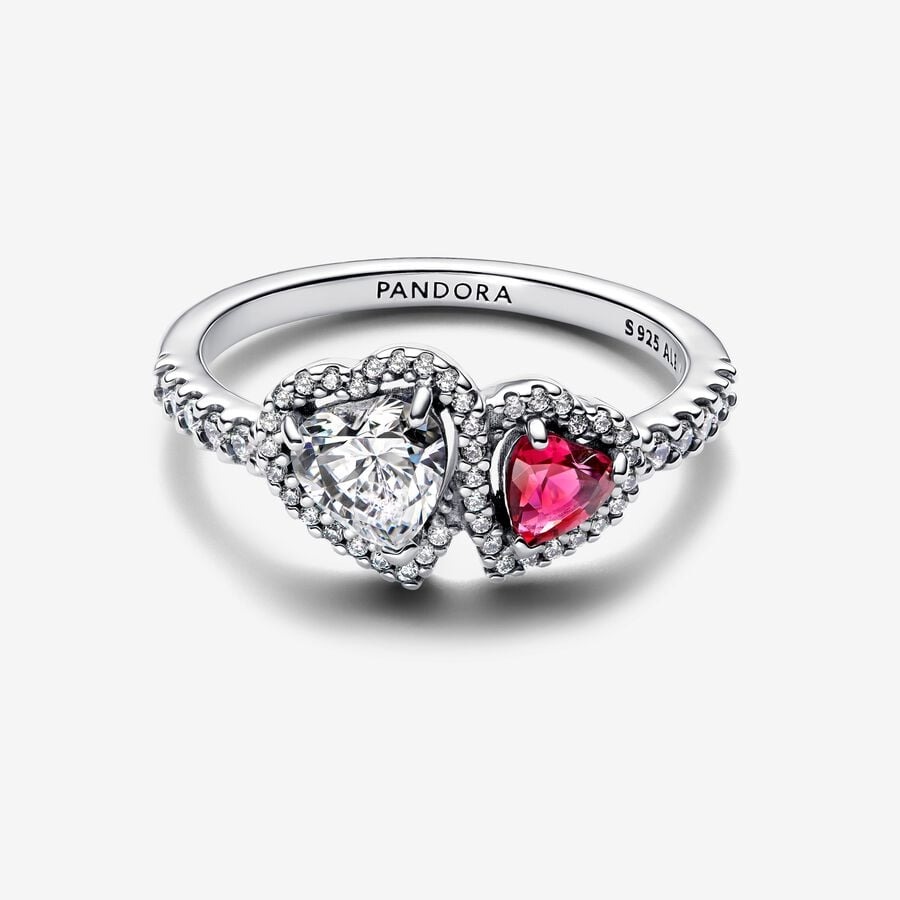 Hearts sterling silver ring with cherries jubilee red crystal and clear cubic zirconia/ 193662C01-56
