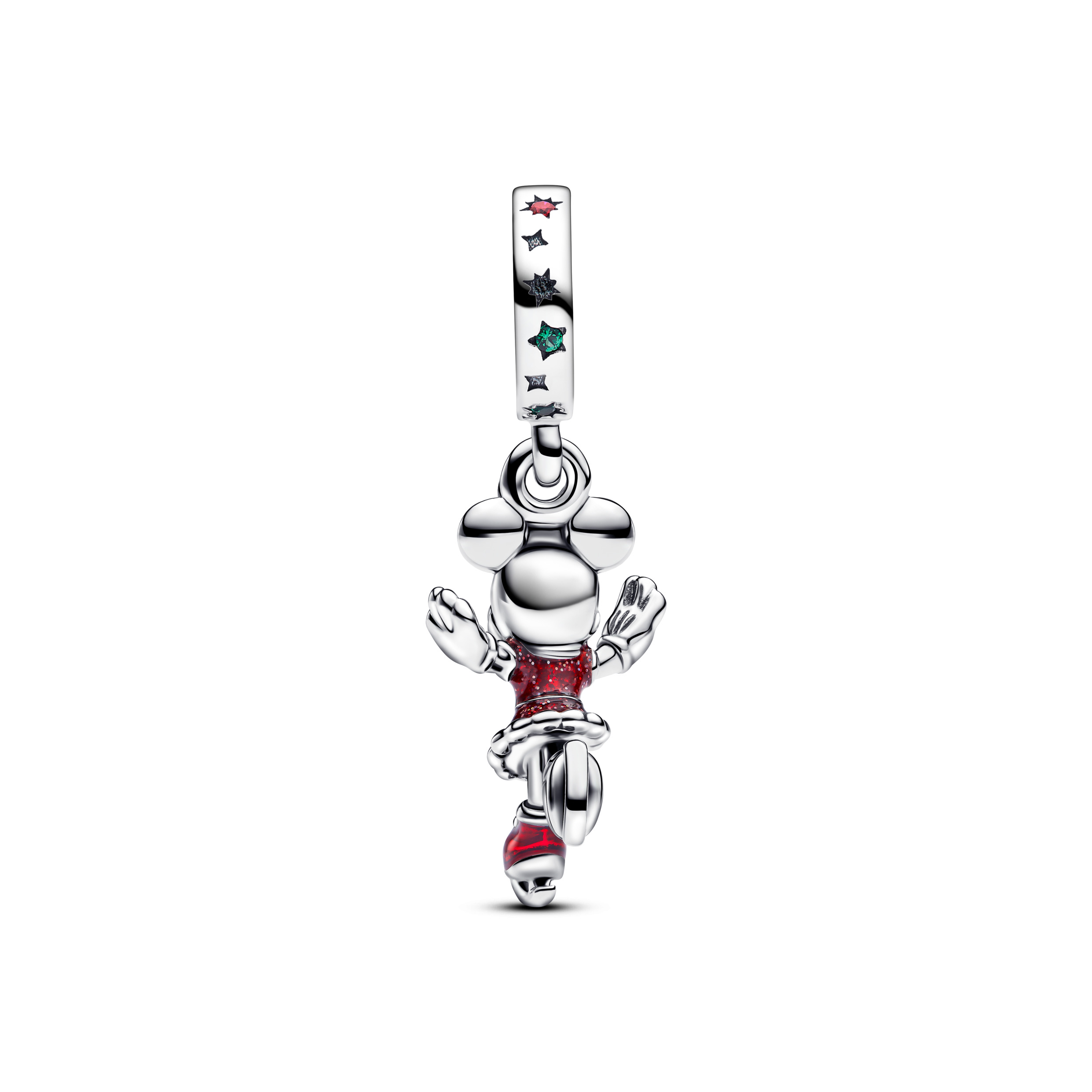 Disney Minnie Mouse ice skating sterling silver dangle with red cubic zirconia, lake green crystal and holo glittery red enamel/ 793530C01