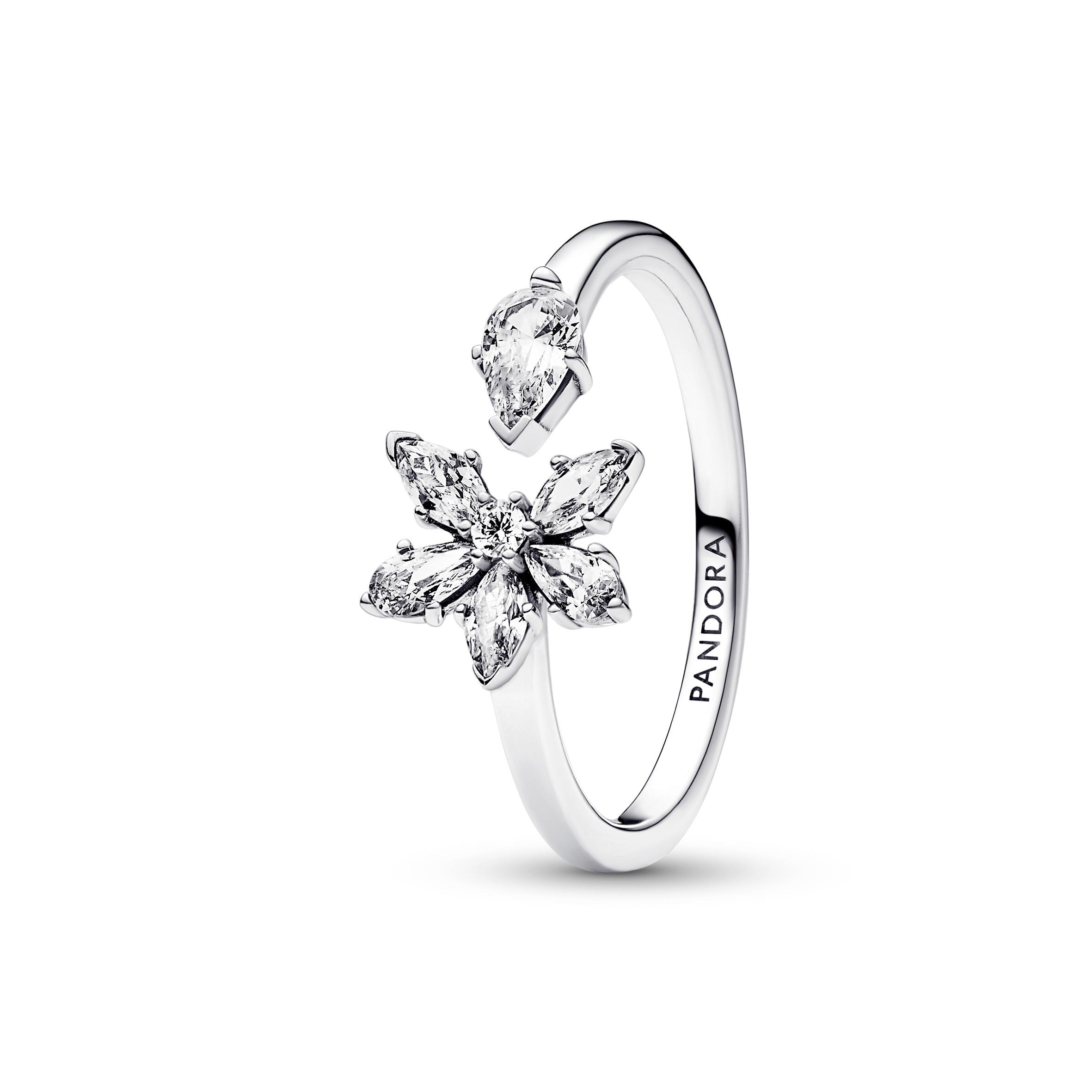 Herbarium cluster sterling silver open ring with clear cubic zirconia