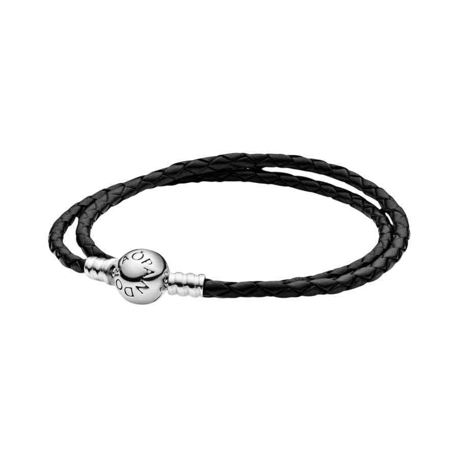 Silver leather bracelet, double, black