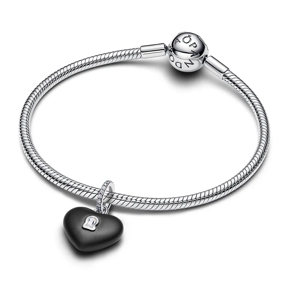 Heart padlock sterling silver dangle with black ceramic and clear cubic zirconia/ 794424C02