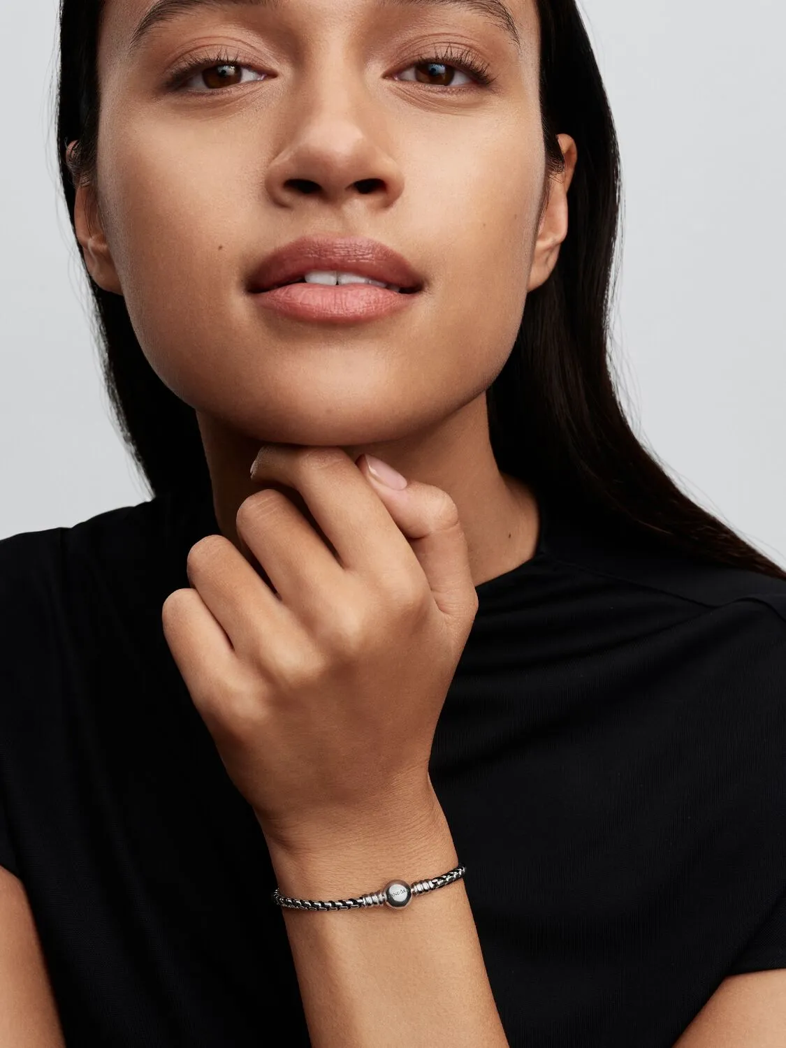 Braided sterling silver box chain bracelet with black textile cord/ 593816C02-20