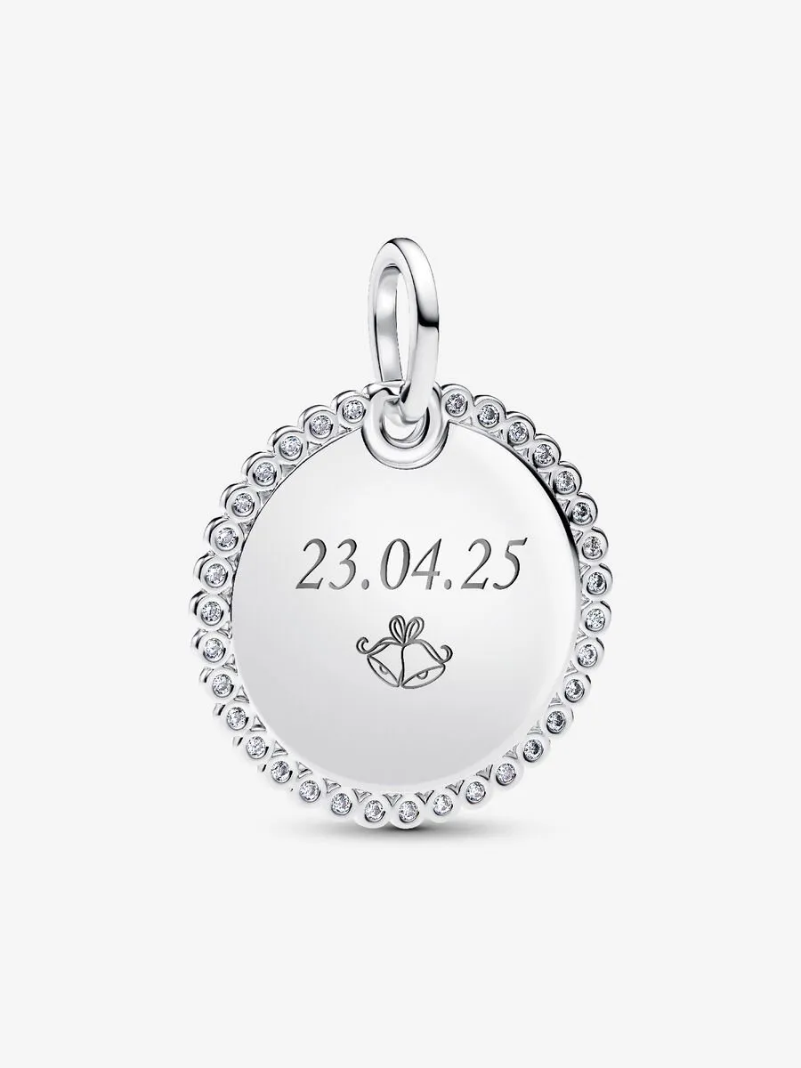 Engravable round sterling silver pendant with clear cubic zirconia / 394007C01