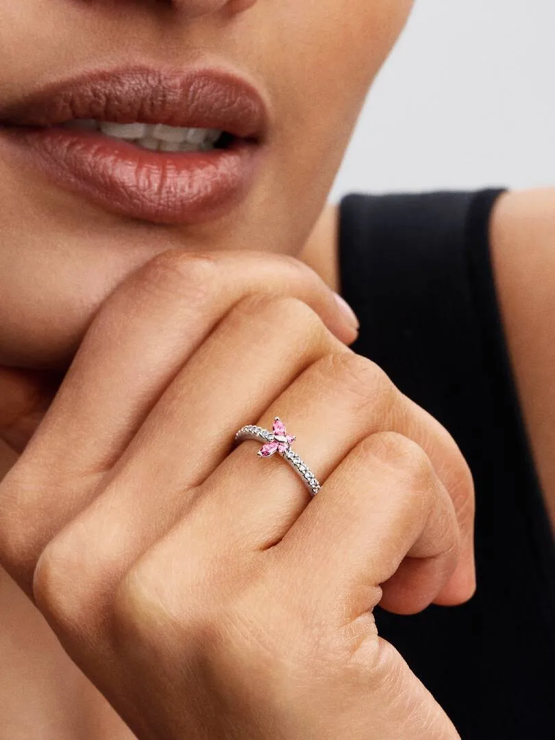 Butterfly sterling silver ring with fancy pink and