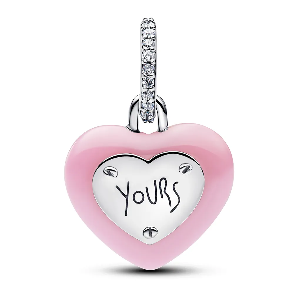 Heart padlock sterling silver dangle with pink ceramic and clear cubic zirconia/ 794424C01