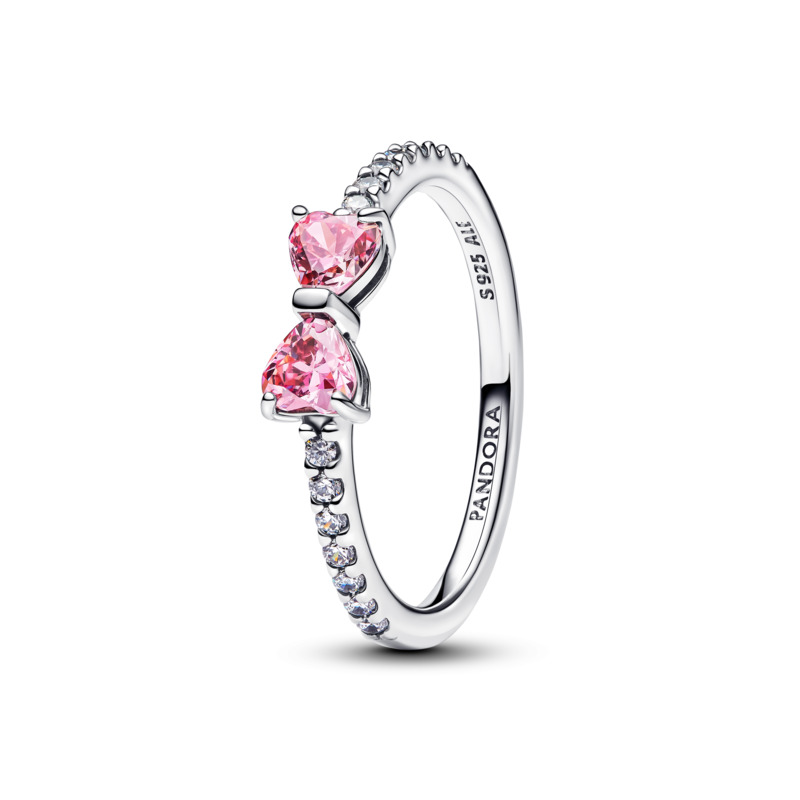 Bow sterling silver ring with fancy pink and clear