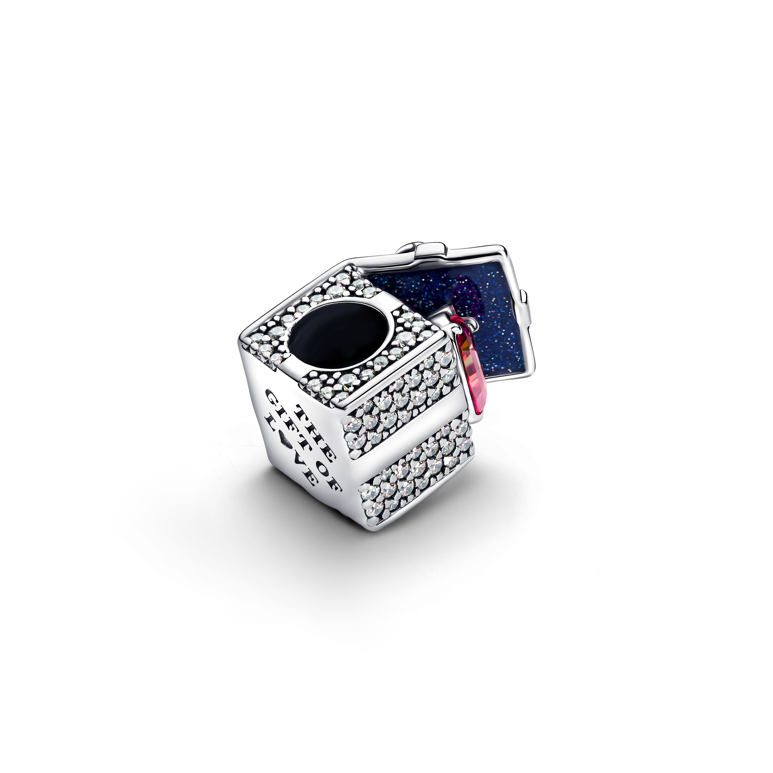 Gift box sterling silver charm with clear and red cubic zirconia and glittery blue enamel/ 793603C01