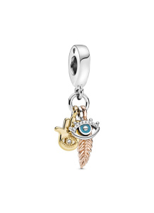 Hand, eye and feather sterling silver, 14k gold-plated and 14k rose gold-plated dangle with clear cubic zirconia and turquoise enamel/ 768785C01