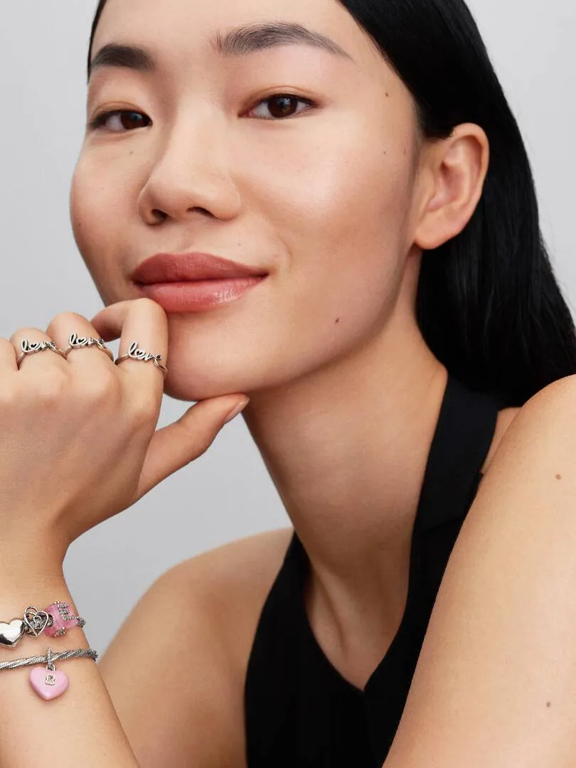 Heart padlock sterling silver dangle with pink ceramic and clear cubic zirconia/ 794424C01