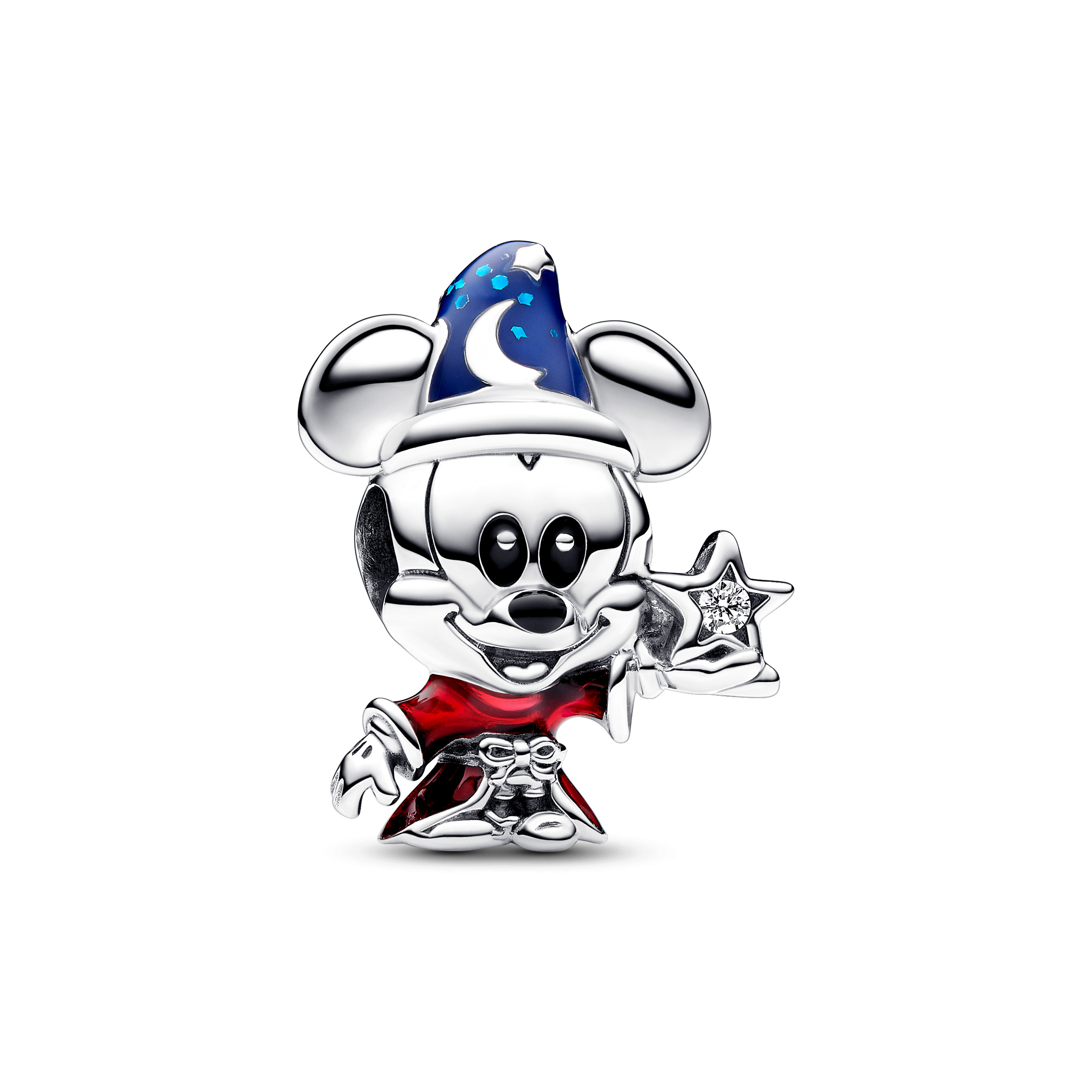 Disney Mickey Mouse sterling silver charm with clear cubic zirconia, red, blue and black enamel