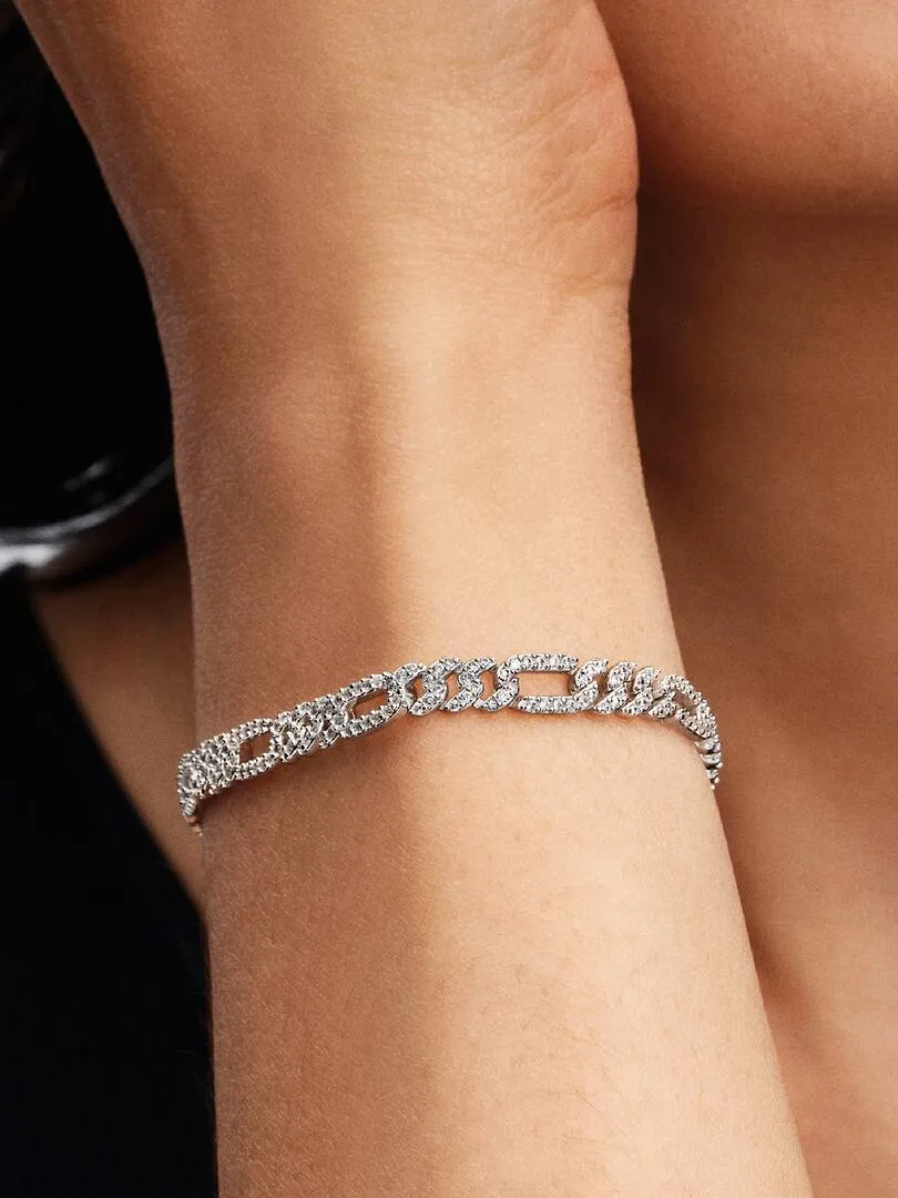 Oval cuban chain sterling silver bracelet with clear cubic zirconia/594227C01-20