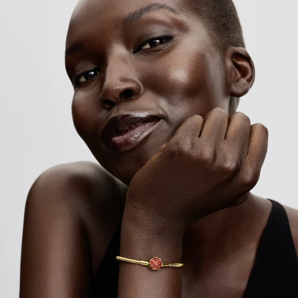 Disney Beauty & The Beast snake chain 14k gold-plated bracelet with rose clasp and holo glittery red enamel / 564019C01-19