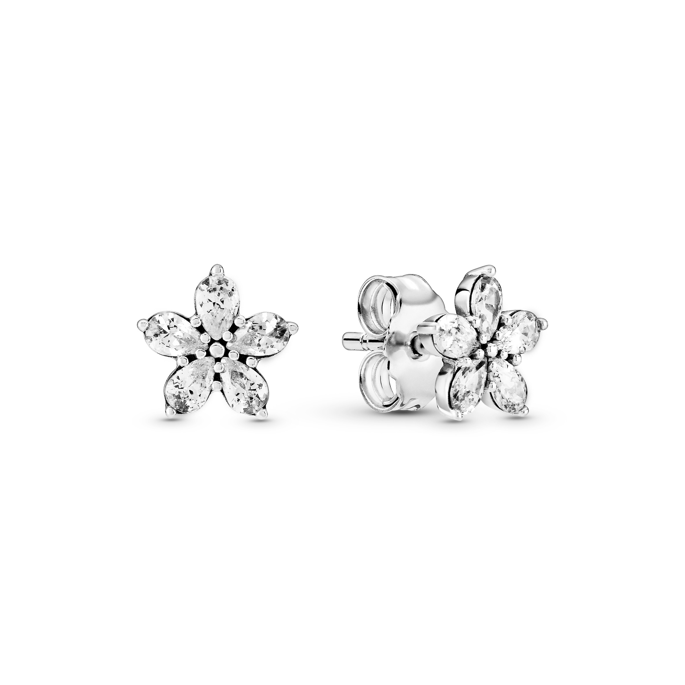 Snowflake sterling silver stud earrings with clear