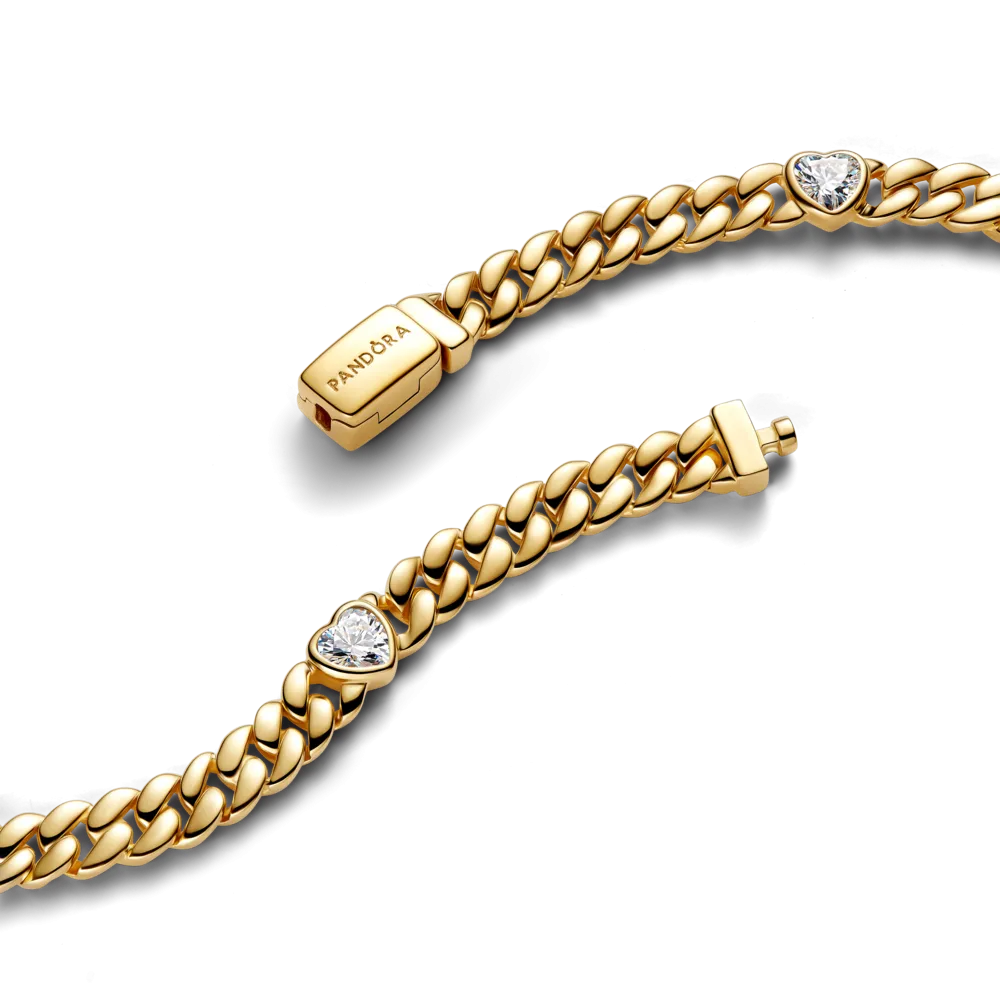 Heart cuban chain 14k gold-plated bracelet with clear cubic zirconia/564226C01-16