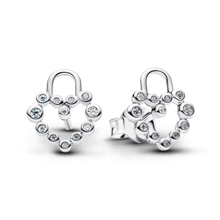 Heart padlock sterling silver stud earrings with c