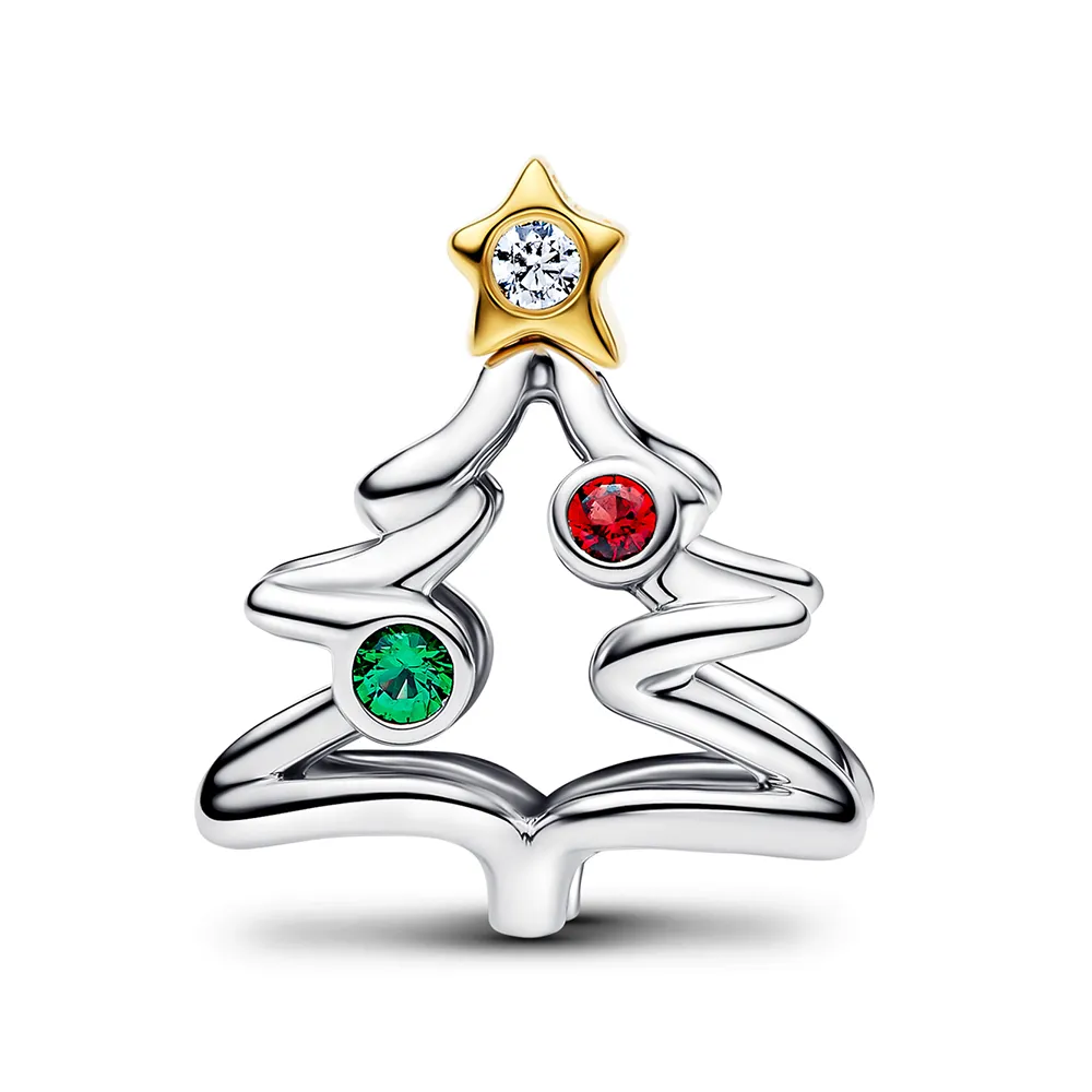 Christmas tree sterling silver and 14k gold-plated charm with clear cubic zirconia, salsa red and royal green crystal/764248C01