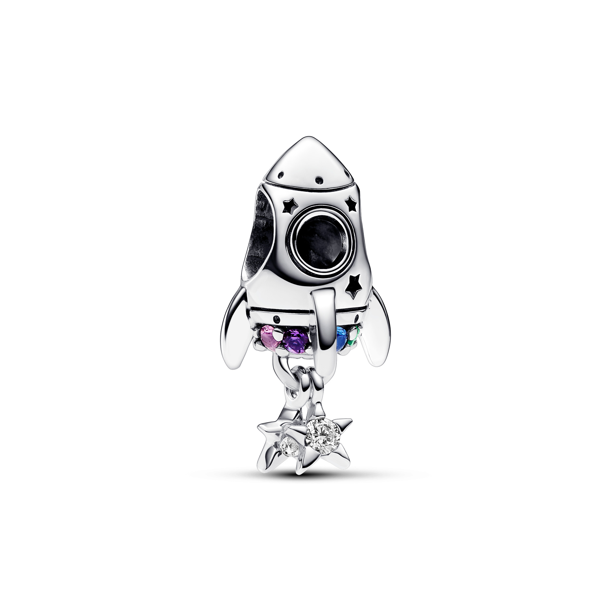 Space rocket sterling silver charm with phlox pink, royal purple, stellar blue and royal green cryst