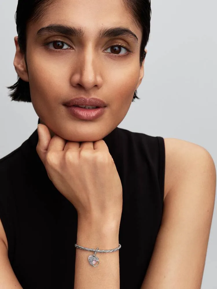 Heart sterling silver double dangle with clear cubic zirconia and pink mosaic lab-created opal and resin/ 794456C01