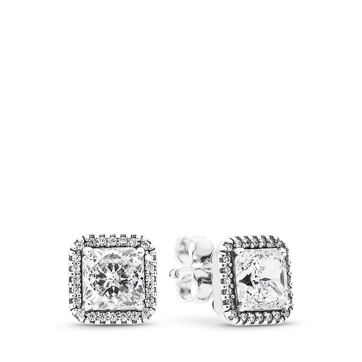 Square silver stud earrings with clear cubic zirco