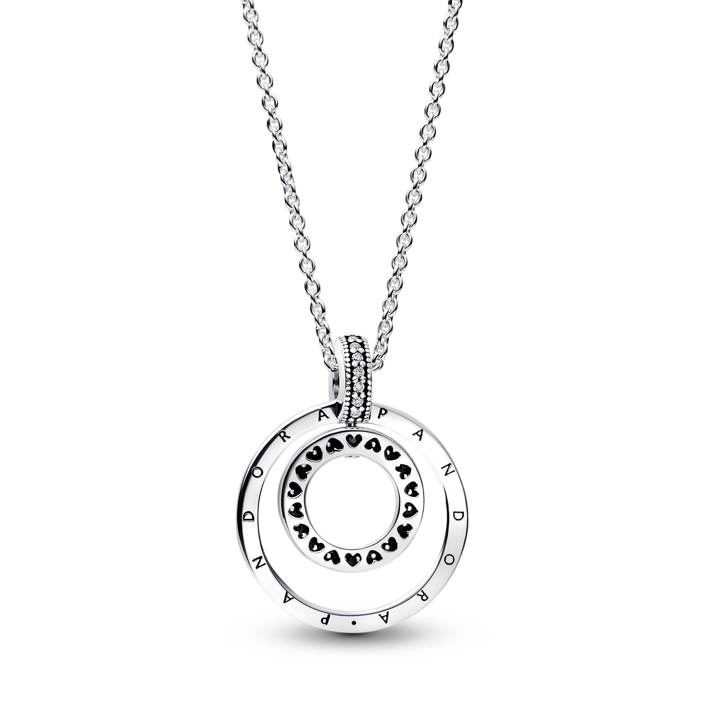 Pandora logo sterling silver pendant with clear cubic zirconia and chain