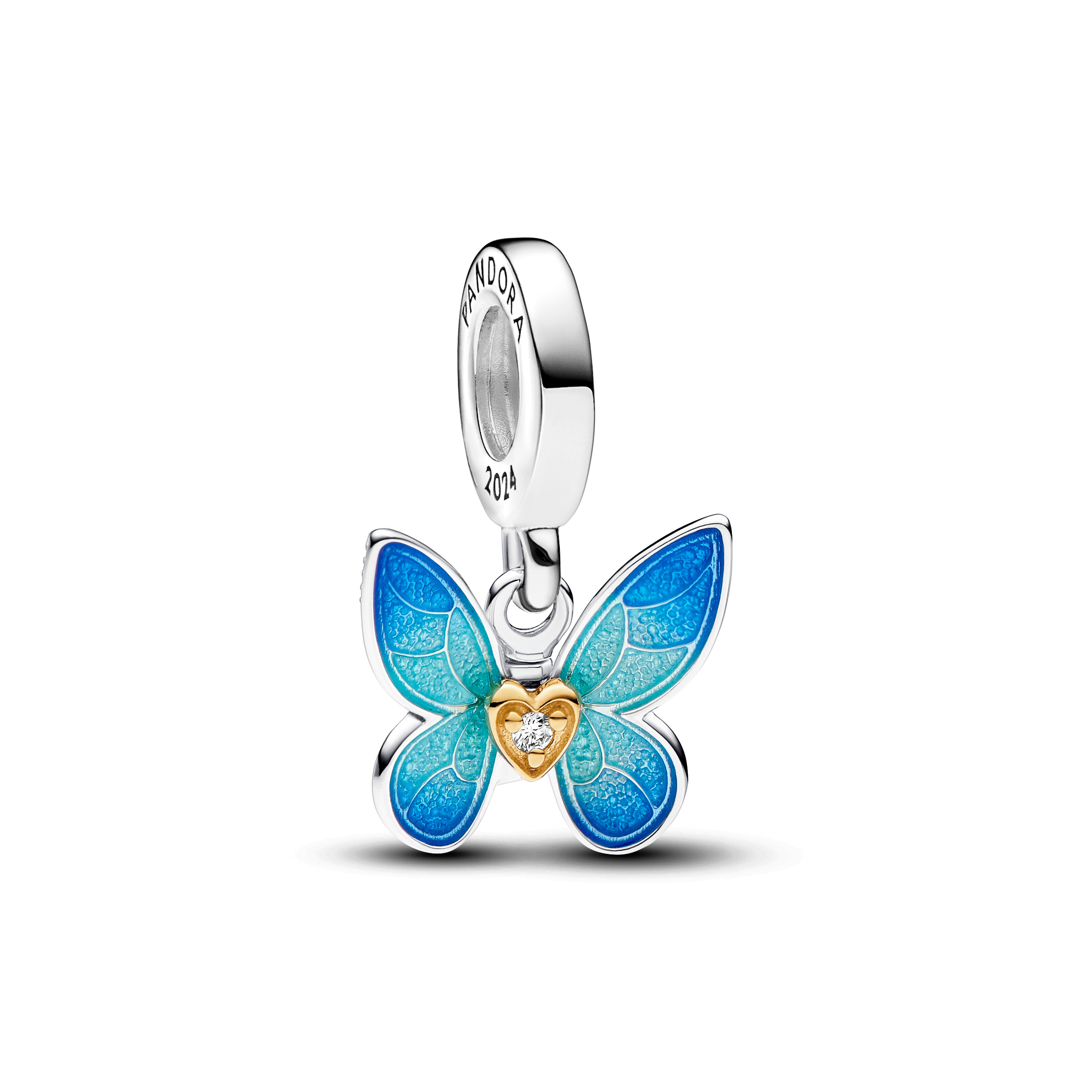 Butterfly with moveable wings sterling silver and 14k gold-plated dangle with 0.009 ct TW GHI SI1+ r