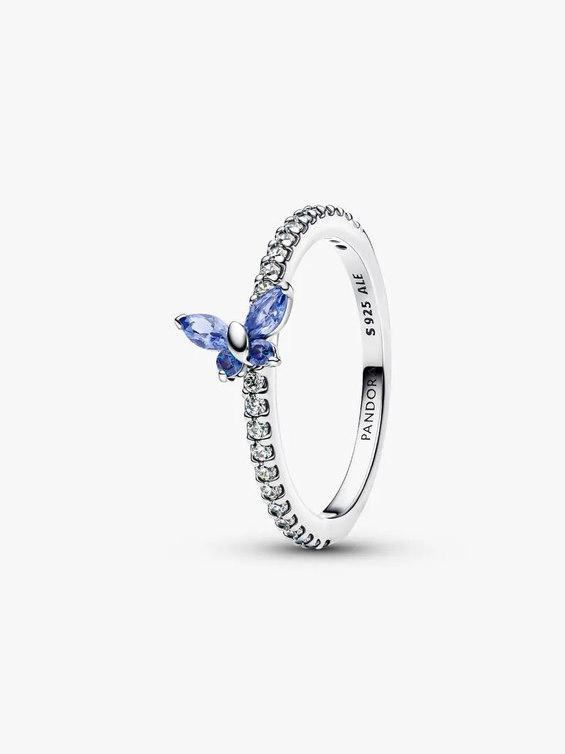 Butterfly sterling silver ring with cornflower blue crystal and clear cubic zirconia/194269C01-54
