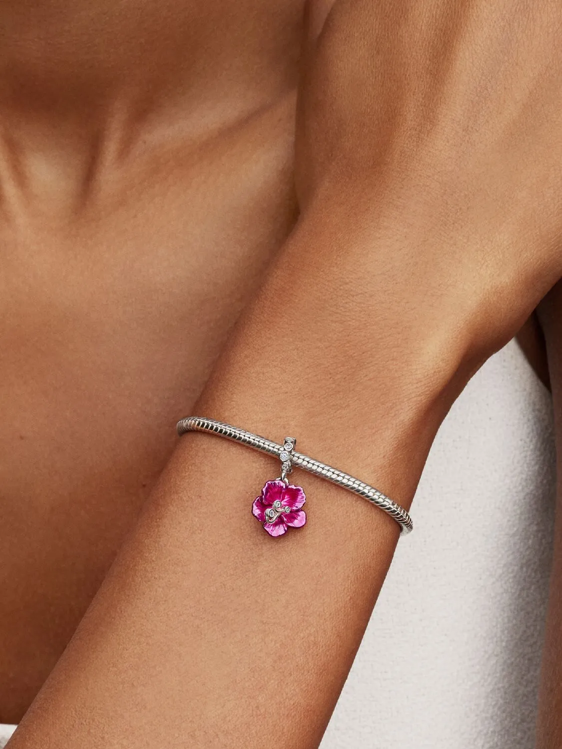 Hibiscus sterling silver dangle with clear cubic z