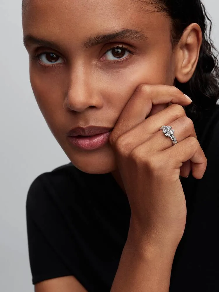 Clover sterling silver splittable ring with clear cubic zirconia / 194507C01-58