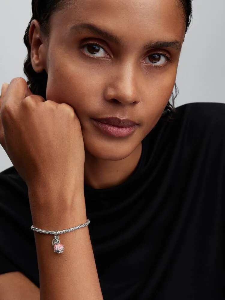 Openable flower sterling silver and 14k gold-plated dangle with royal green crystal and glittery shaded pink UV resin / 764453C01