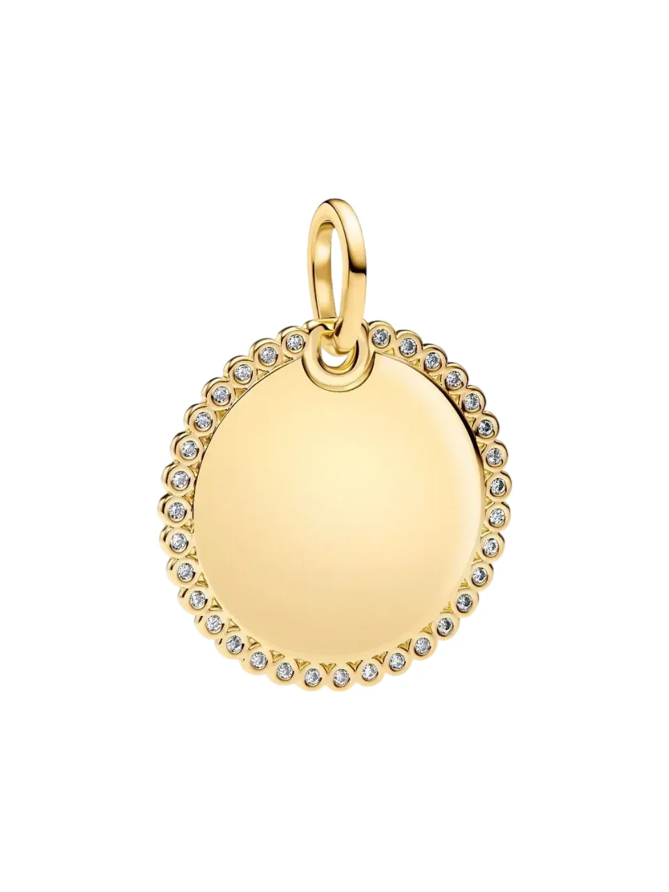 Engravable round 14k gold-plated pendant with clea