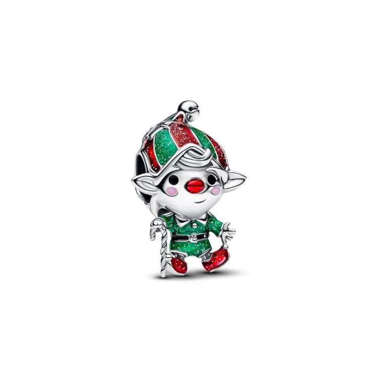 Moveable elf sterling silver charm with glittery r