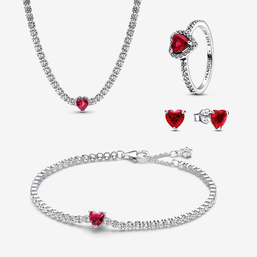Red Sparkling Heart Tennis Jewelry Set 1