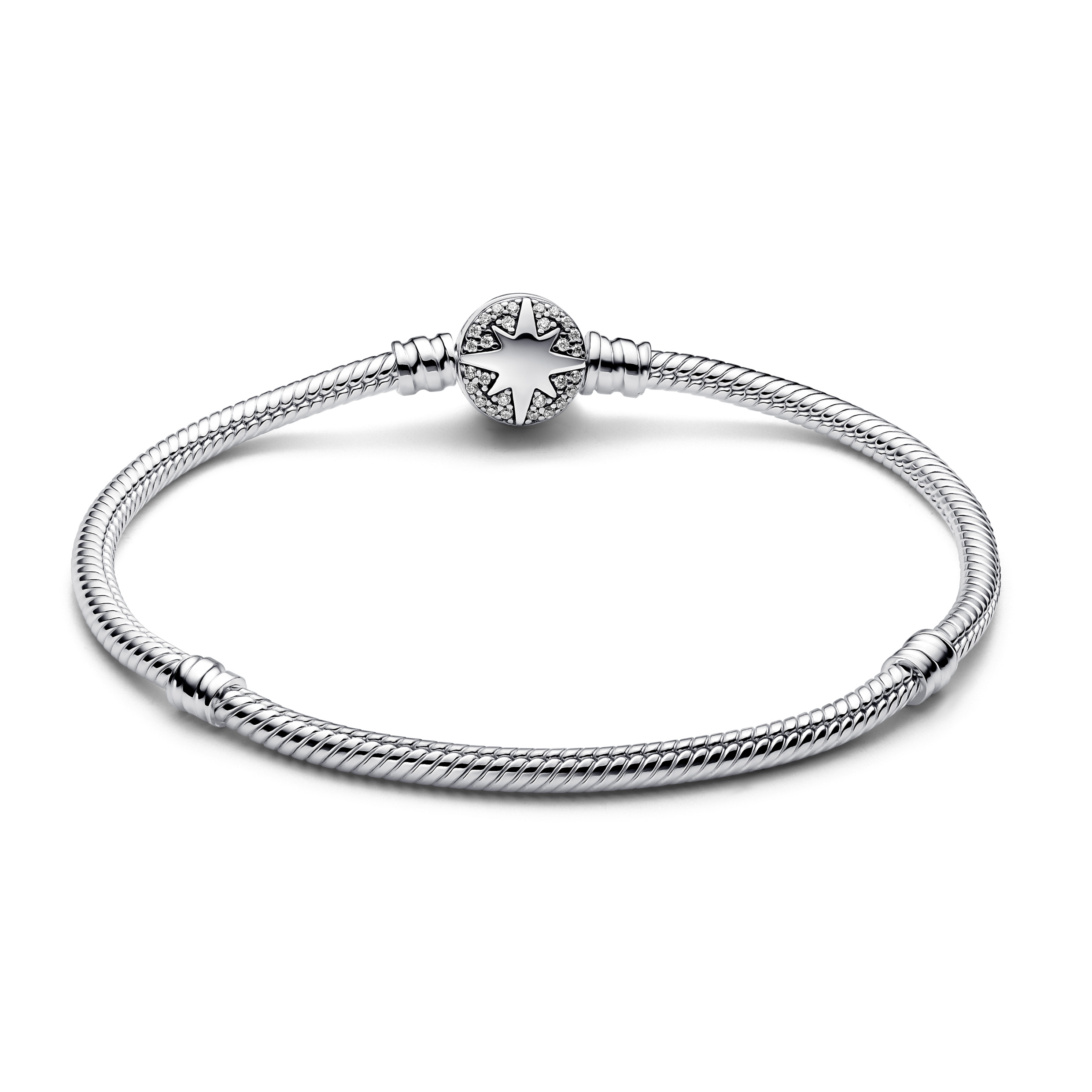 Snake chain sterling silver bracelet with north star clasp and clear cubic zirconia/ 593584C01-19