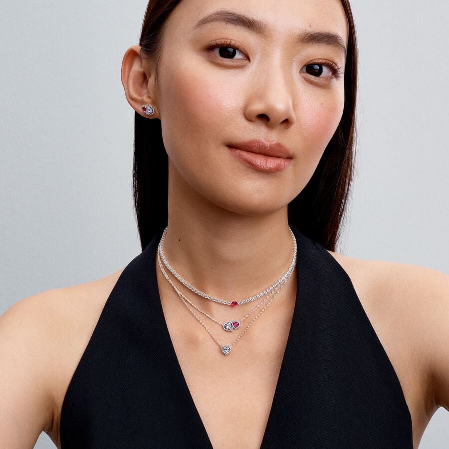 Hearts sterling silver collier with cherries jubilee red crystal and clear cubic zirconia/ 393632C01-45