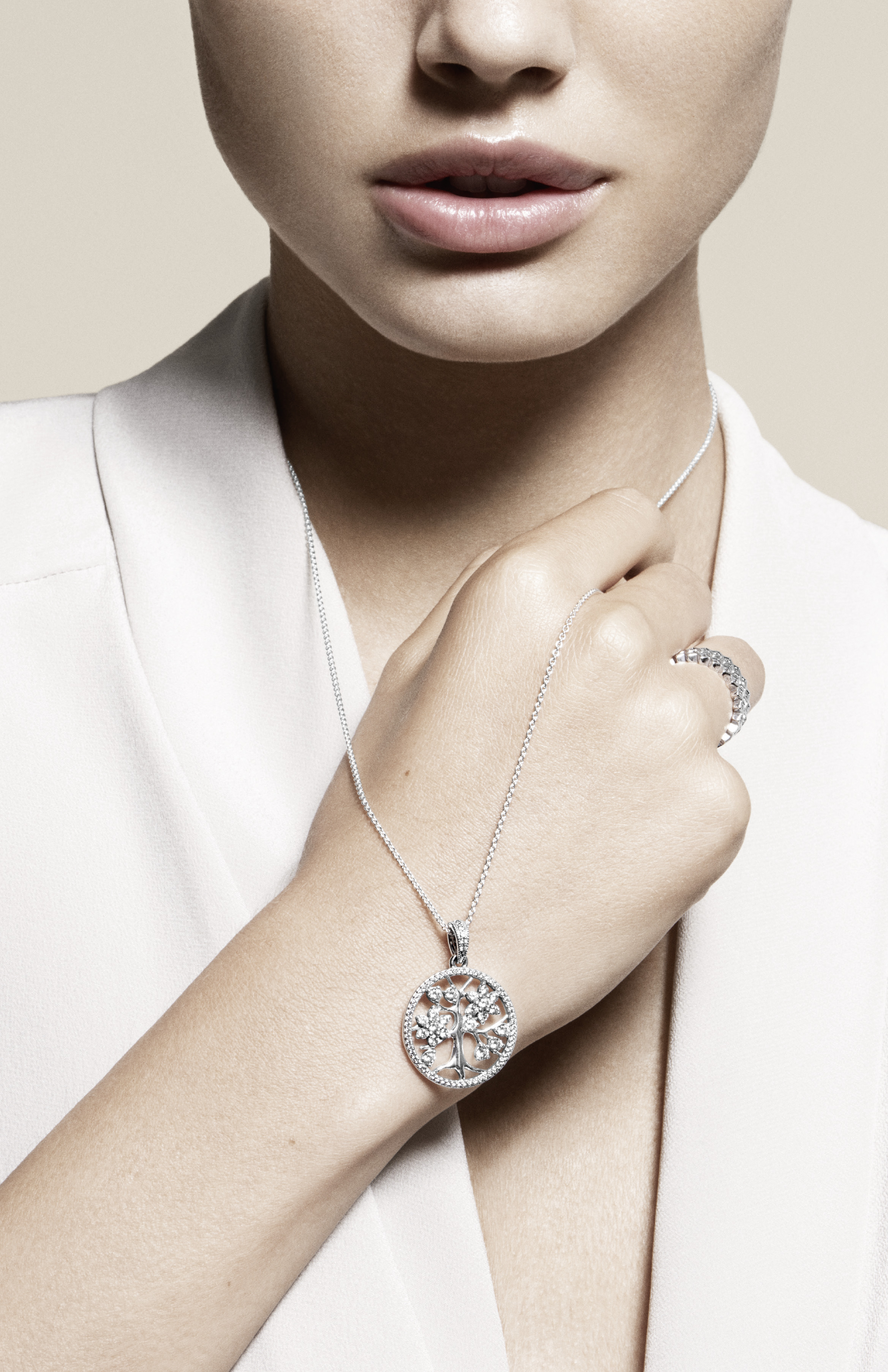 Tree of life silver pendant with clear cubic zirco