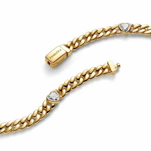 Heart cuban chain 14k gold-plated bracelet with clear cubic zirconia/ 564226C01-18