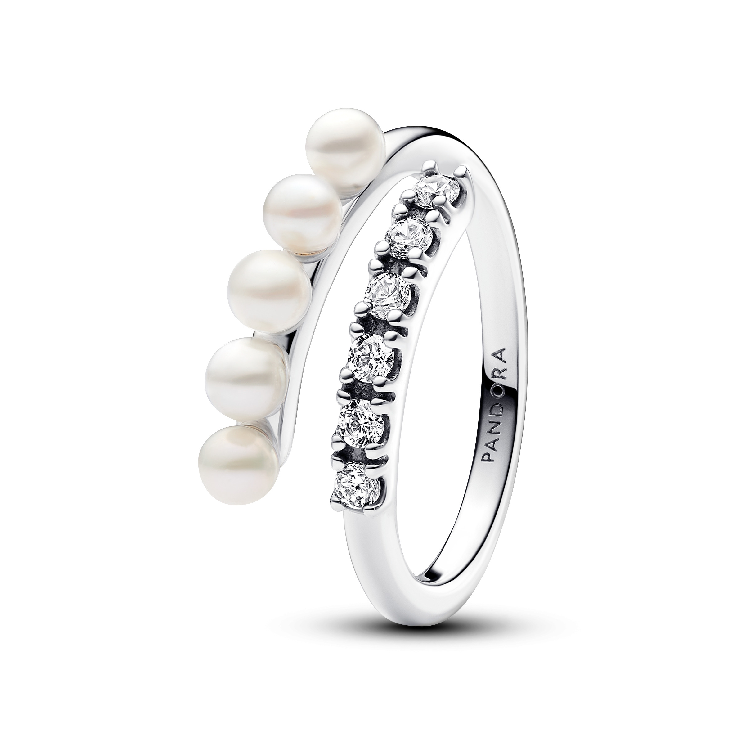 Sterling silver open ring with white treated freshwater cultured pearl and clear cubic zirconia
