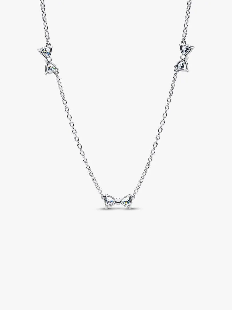 Bow sterling silver station chain necklace with clear cubic zirconia and sliding clasp/394231C01-40