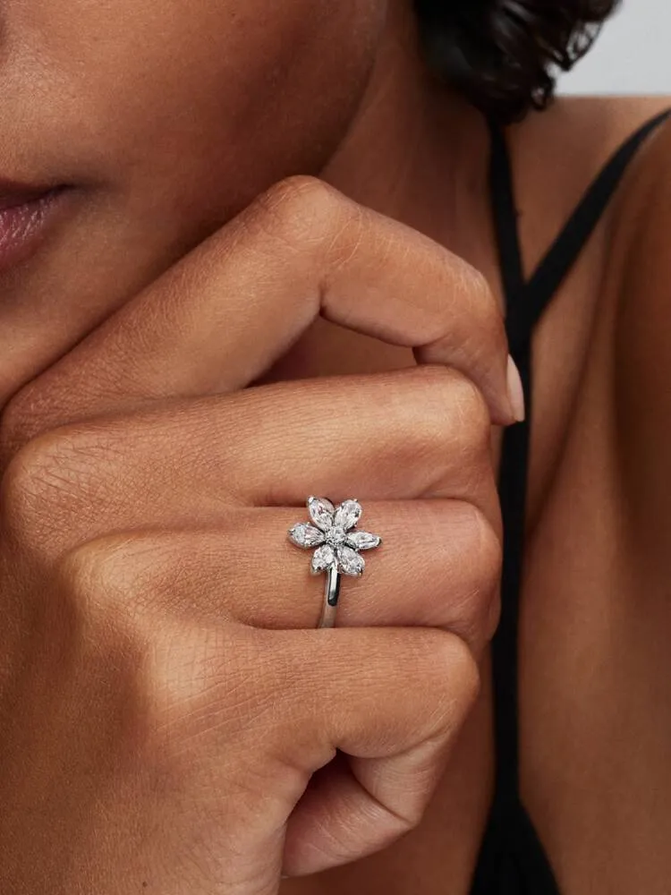 Herbarium cluster sterling silver ring with clear 