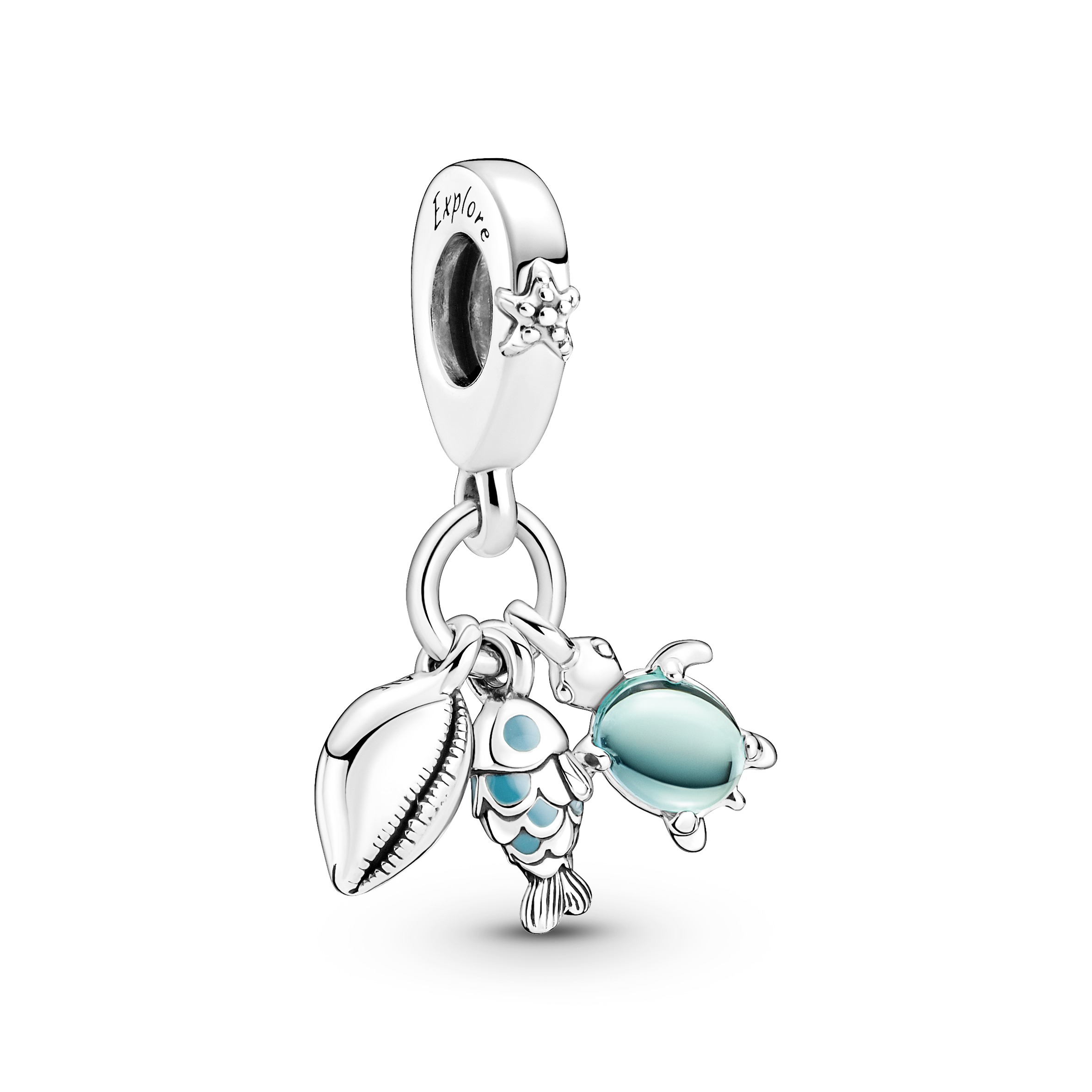 Fish, turtle and shell sterling silver dangle with bi-color green blue Murano glass and turquoise