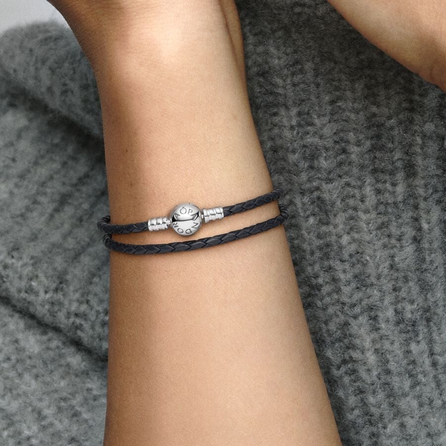Silver leather bracelet, double, black