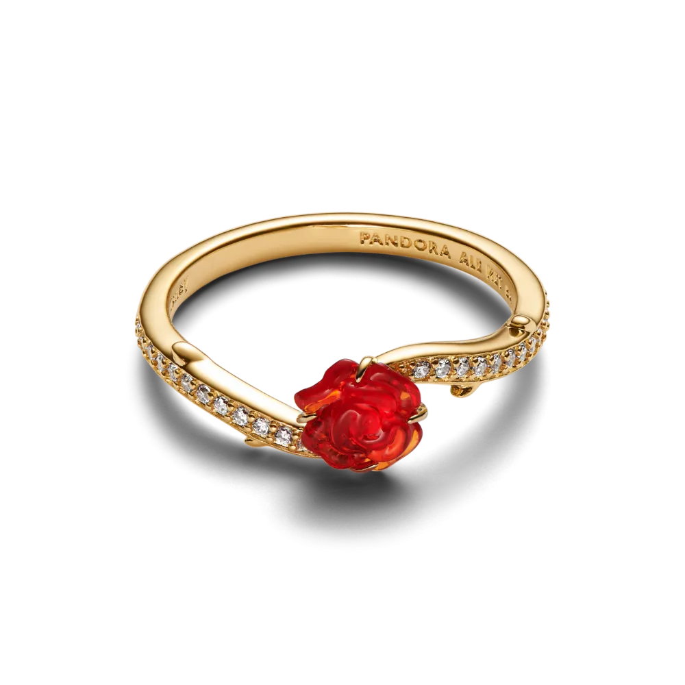Disney Beauty and The Beast Rose 14k gold-plated ring with clear cubic zirconia and red Murano glass / 163984C01-58