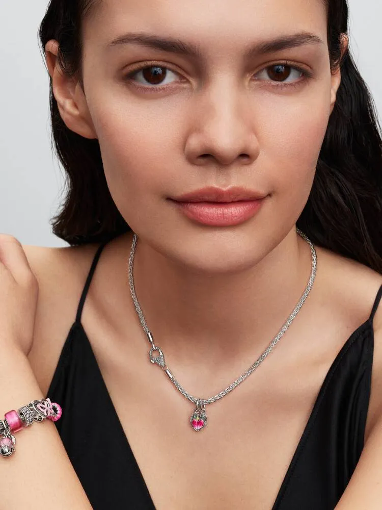 Heart and butterfly sterling silver charm with glittery pink enamel/ 794475C01