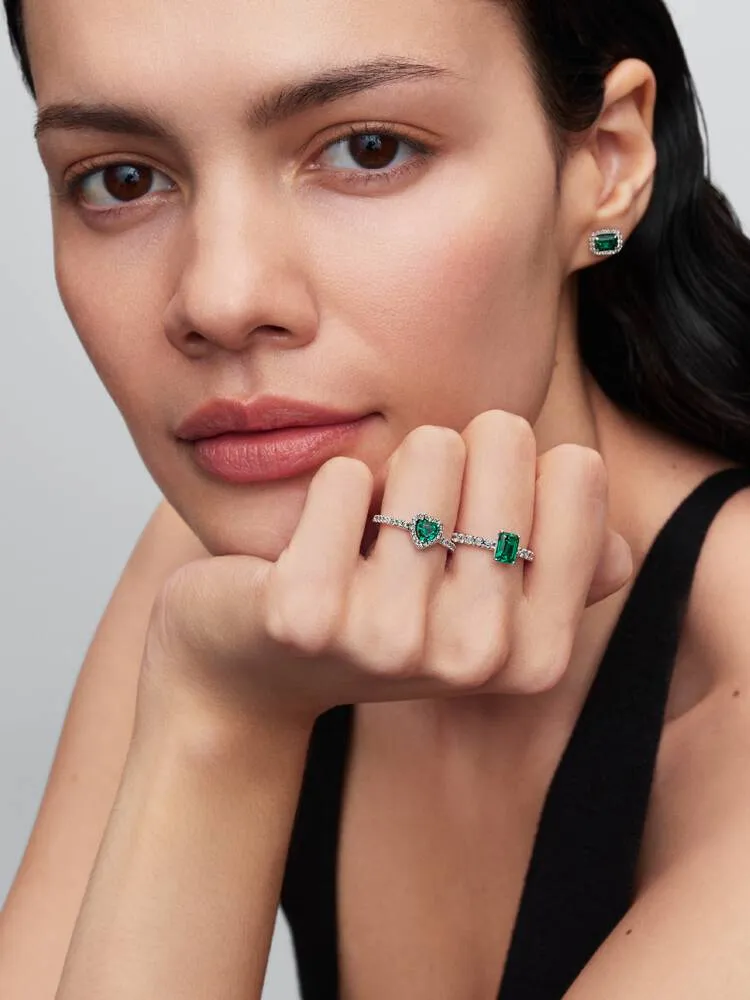 Sterling silver stud earrings with royal green crystal and clear cubic zirconia / 294501C01