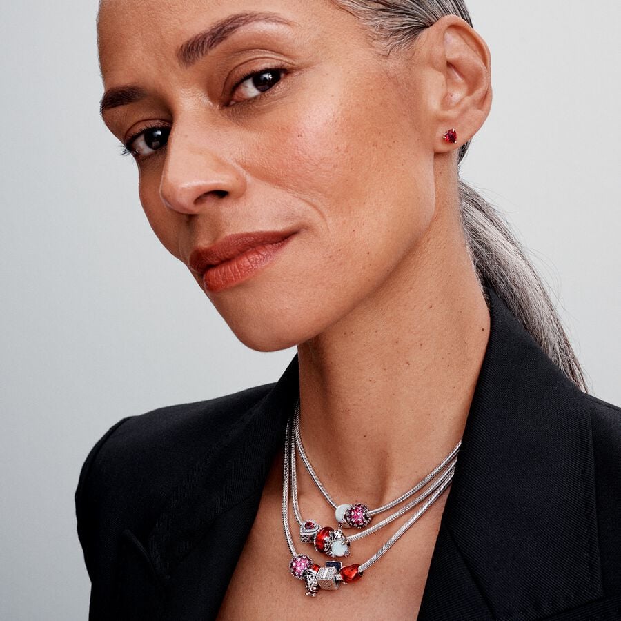 Gift box sterling silver charm with clear and red cubic zirconia and glittery blue enamel/ 793603C01