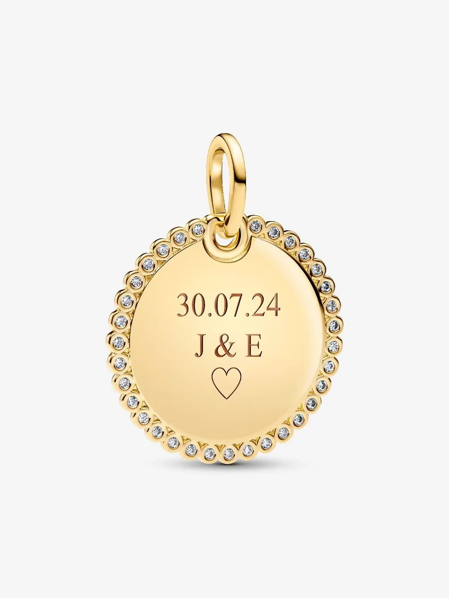 Engravable round 14k gold-plated pendant with clear cubic zirconia / 364007C01